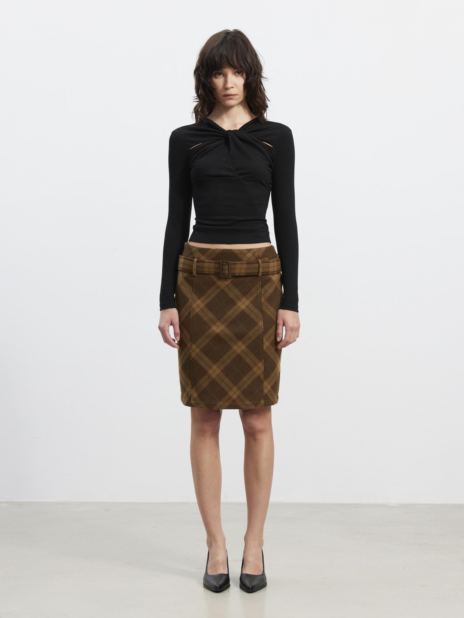 AFTADAWN Suede Printed Plaid High Waist Belted Straight Women&