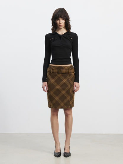 AFTADAWN Suede Printed Plaid High Waist Belted Straight Women&