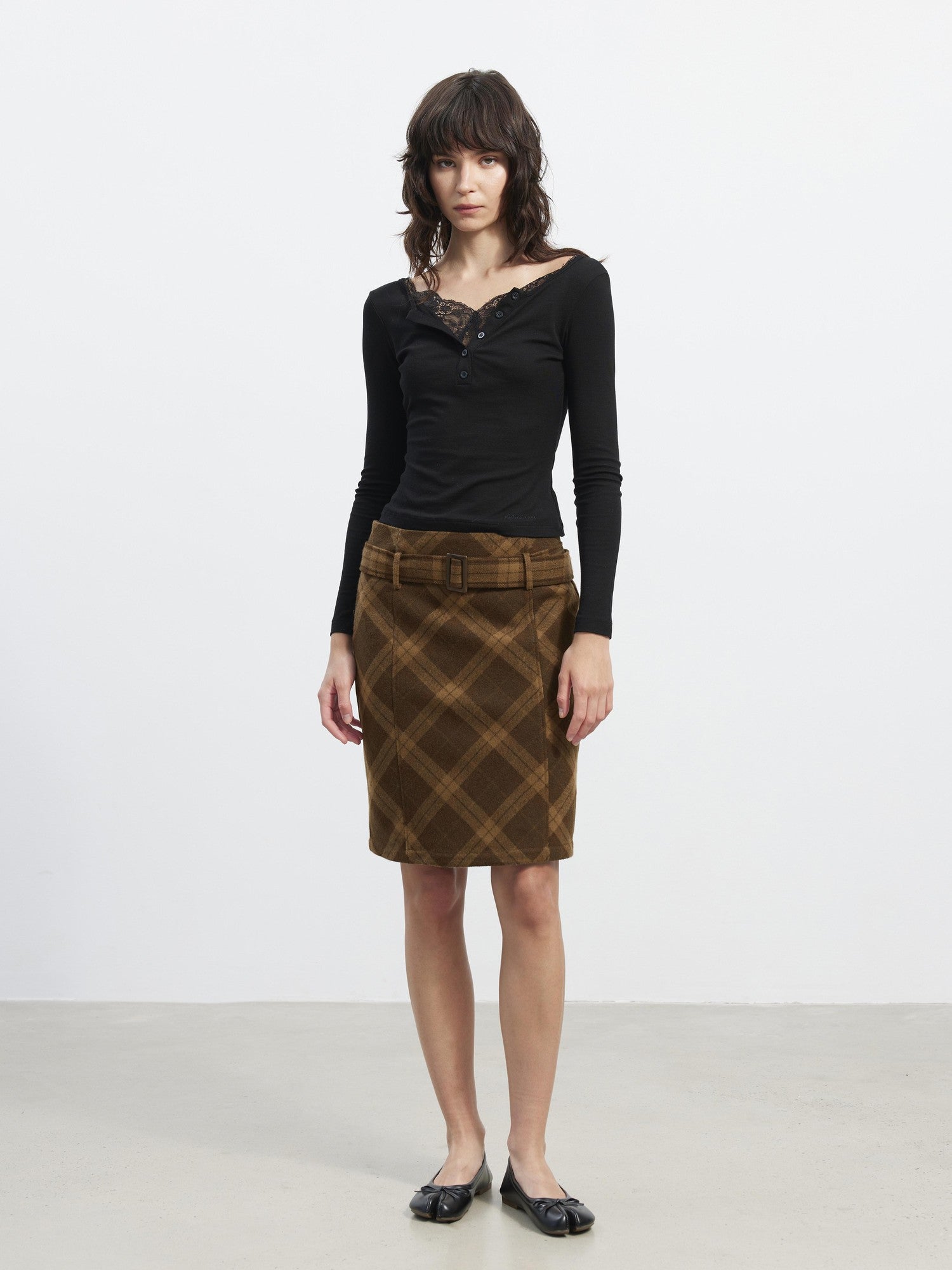 AFTADAWN Suede Printed Plaid High Waist Belted Straight Women&