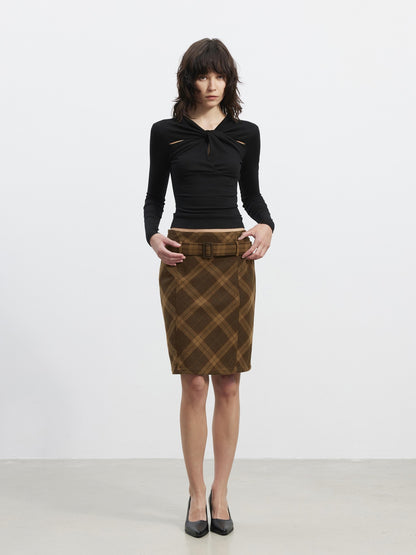 AFTADAWN Suede Printed Plaid High Waist Belted Straight Women&