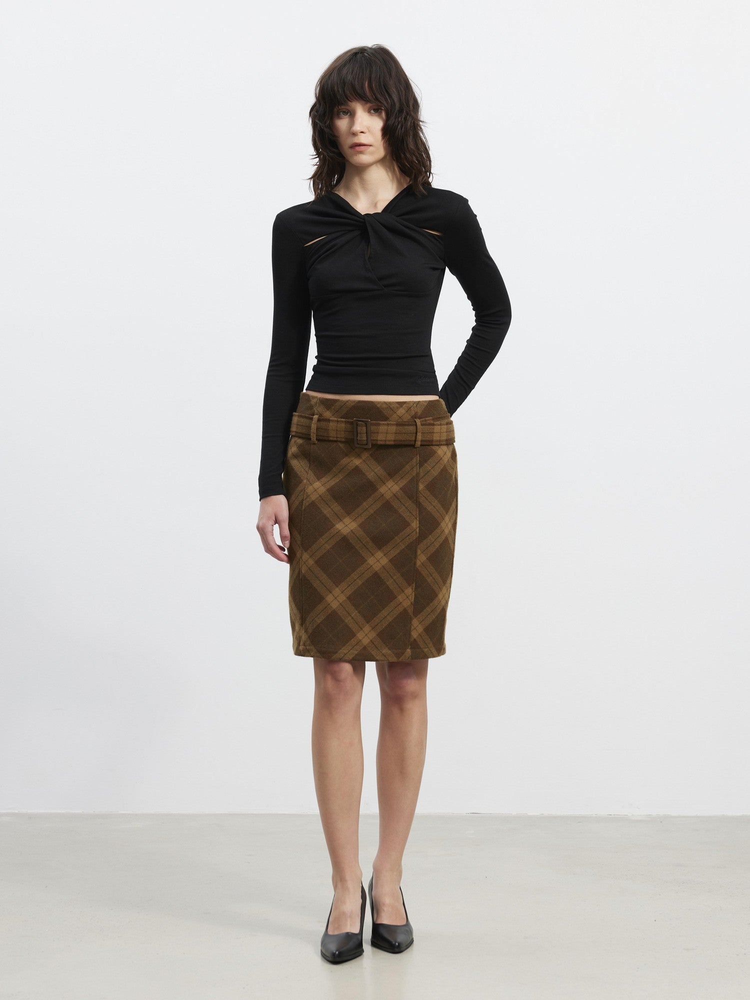 AFTADAWN Suede Printed Plaid High Waist Belted Straight Women&
