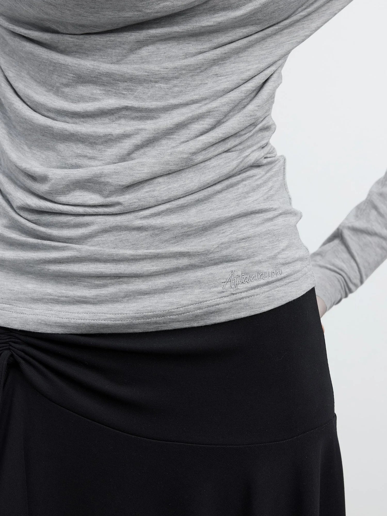 Tencel Beaded Cowl Neck Color Block Long Sleeve Top