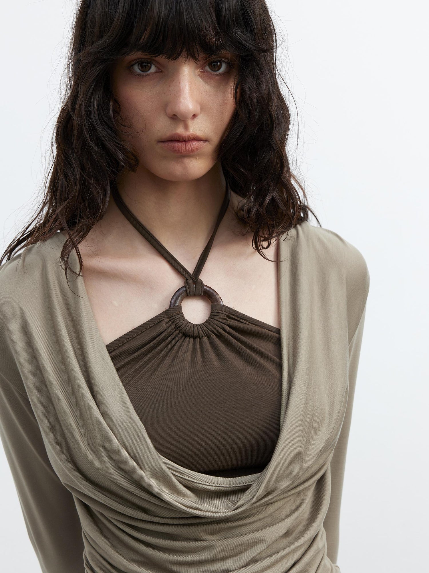 AFTADAWN Tencel Beaded Cowl Neck Color Block Long Sleeve Top