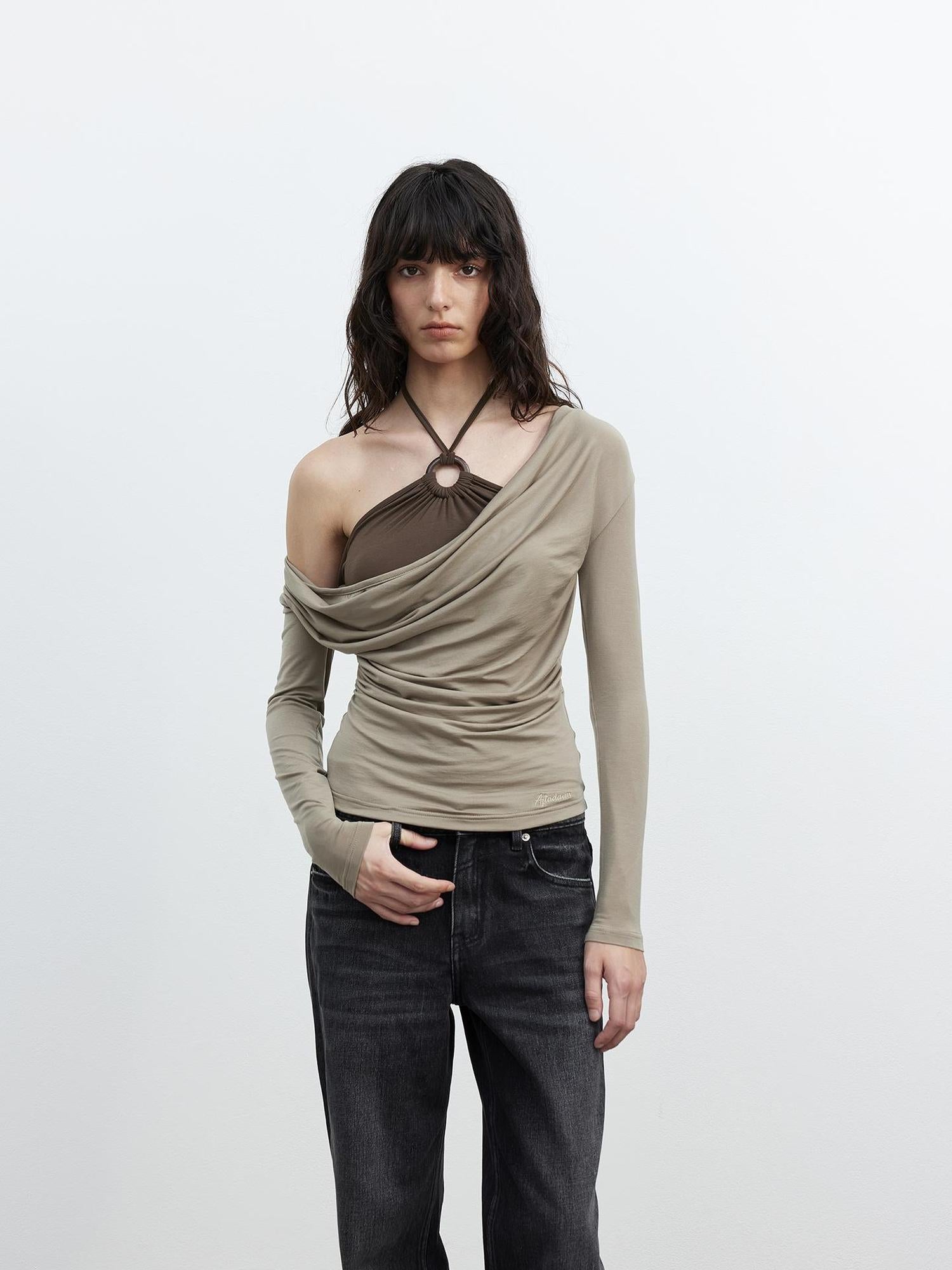 AFTADAWN Tencel Beaded Cowl Neck Color Block Long Sleeve Top