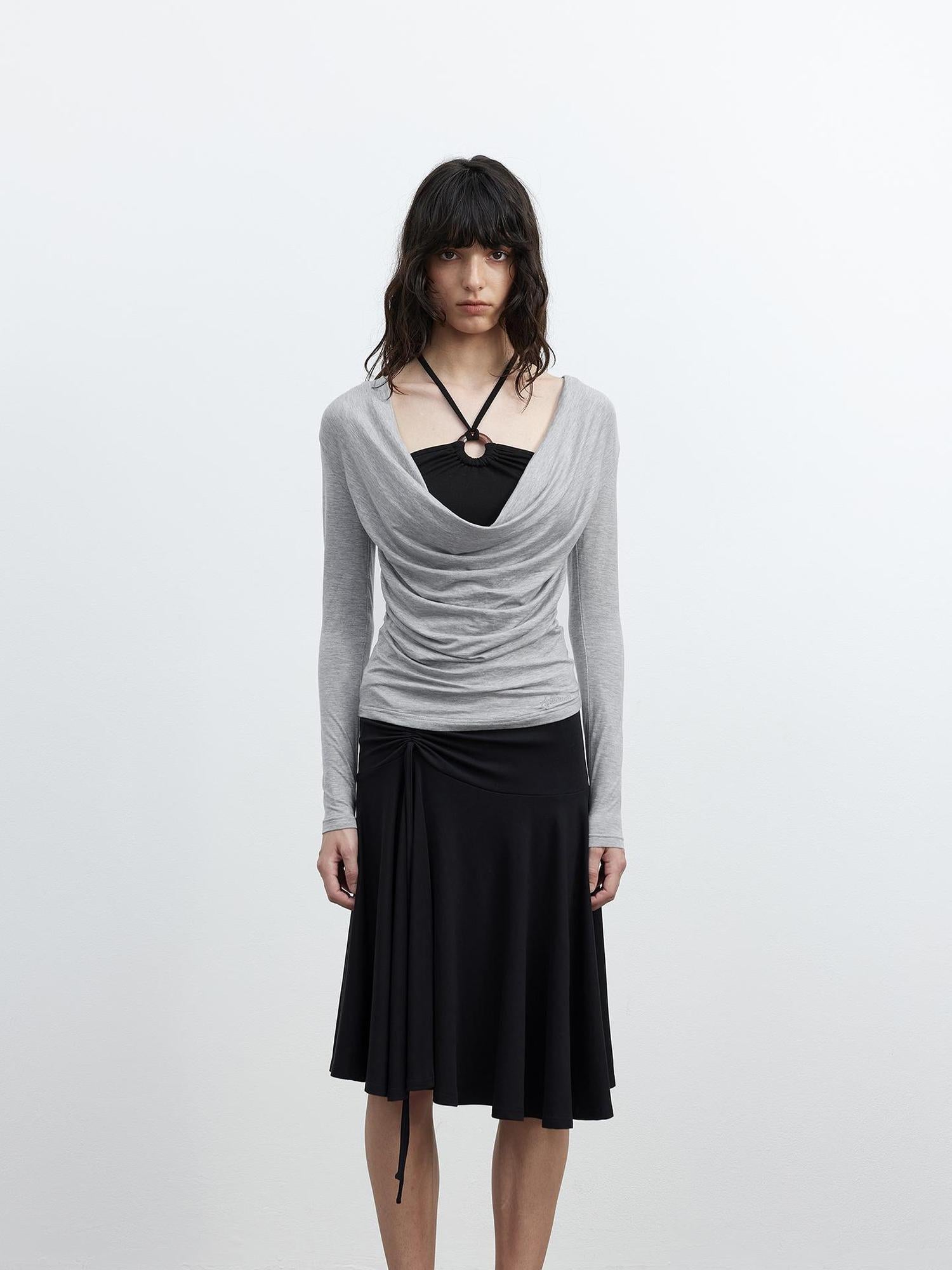 AFTADAWN Tencel Beaded Cowl Neck Color Block Long Sleeve Top