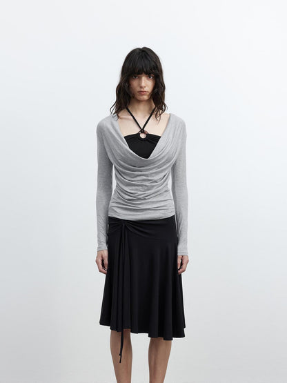 AFTADAWN Tencel Beaded Cowl Neck Color Block Long Sleeve Top