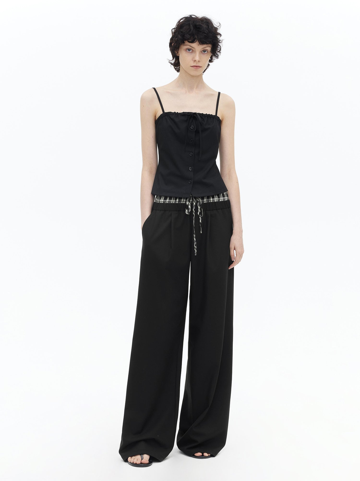 AFTADAWN Tencel Lightweight Checkered Paneled Drawstring Trousers