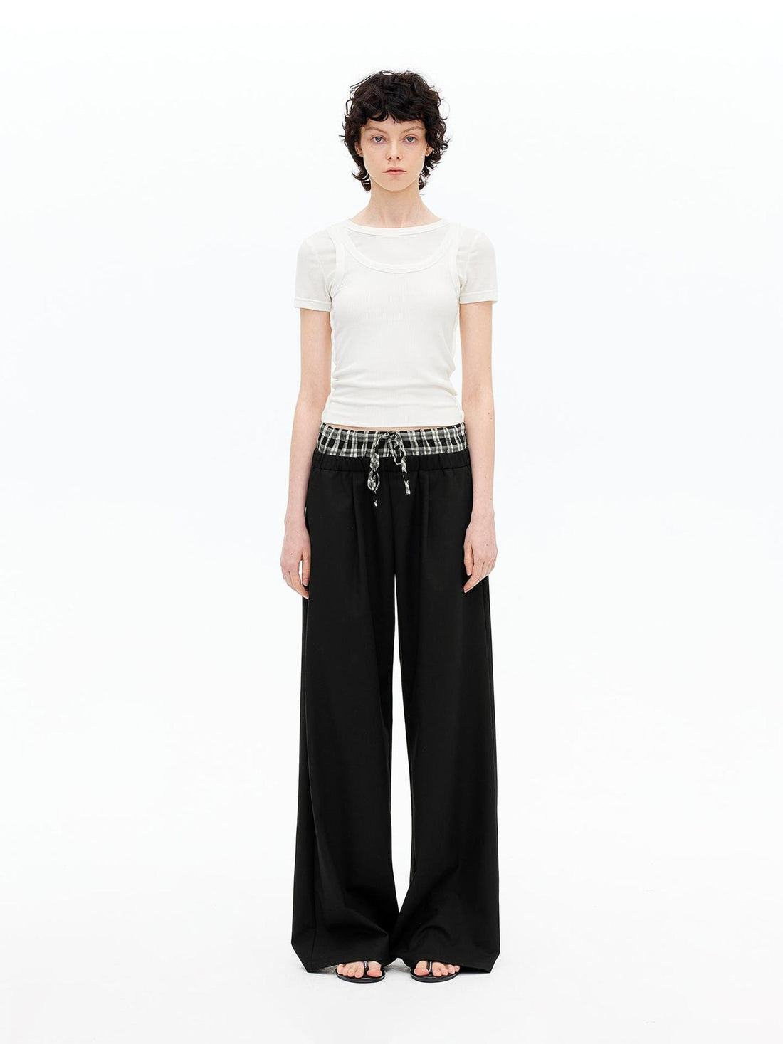 AFTADAWN Tencel Lightweight Checkered Paneled Drawstring Trousers