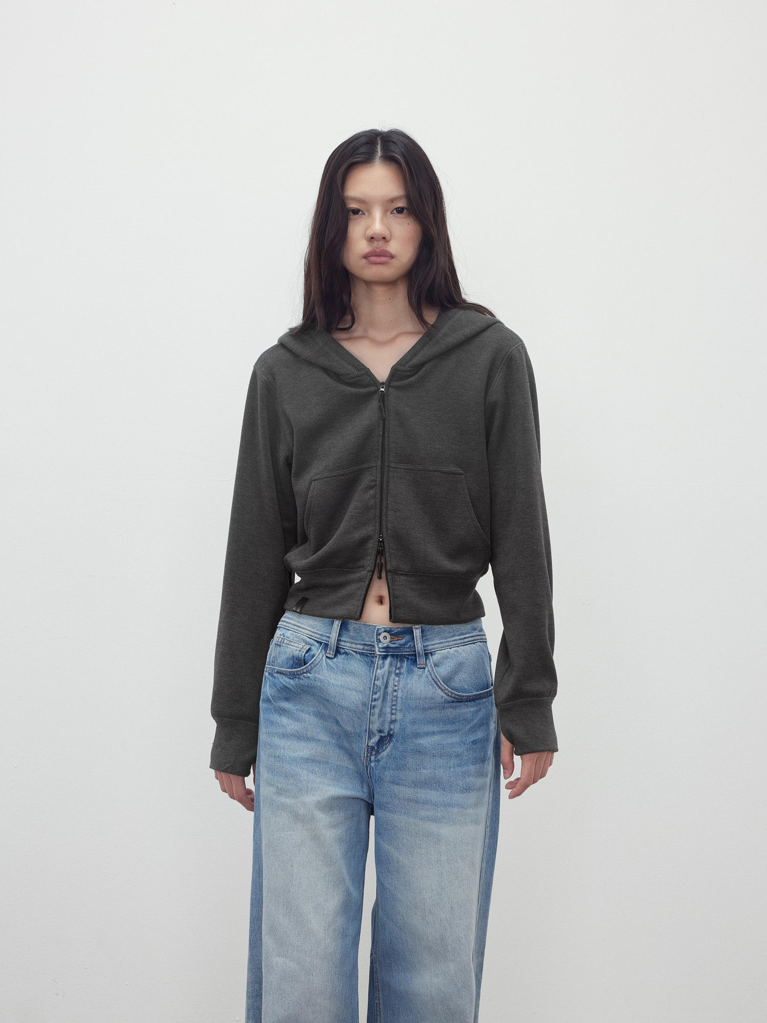 AFTADAWN Tencel Wool Blend Airy Hooded Zip Up Sweatshirt Jacket