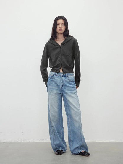 Tencel Wool Blend Airy Hooded Zip Up Sweatshirt Jacket