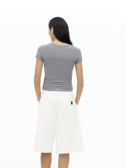 AFTADAWN Tencel Wool Blend Asymmetrical Layered Short Sleeve Top