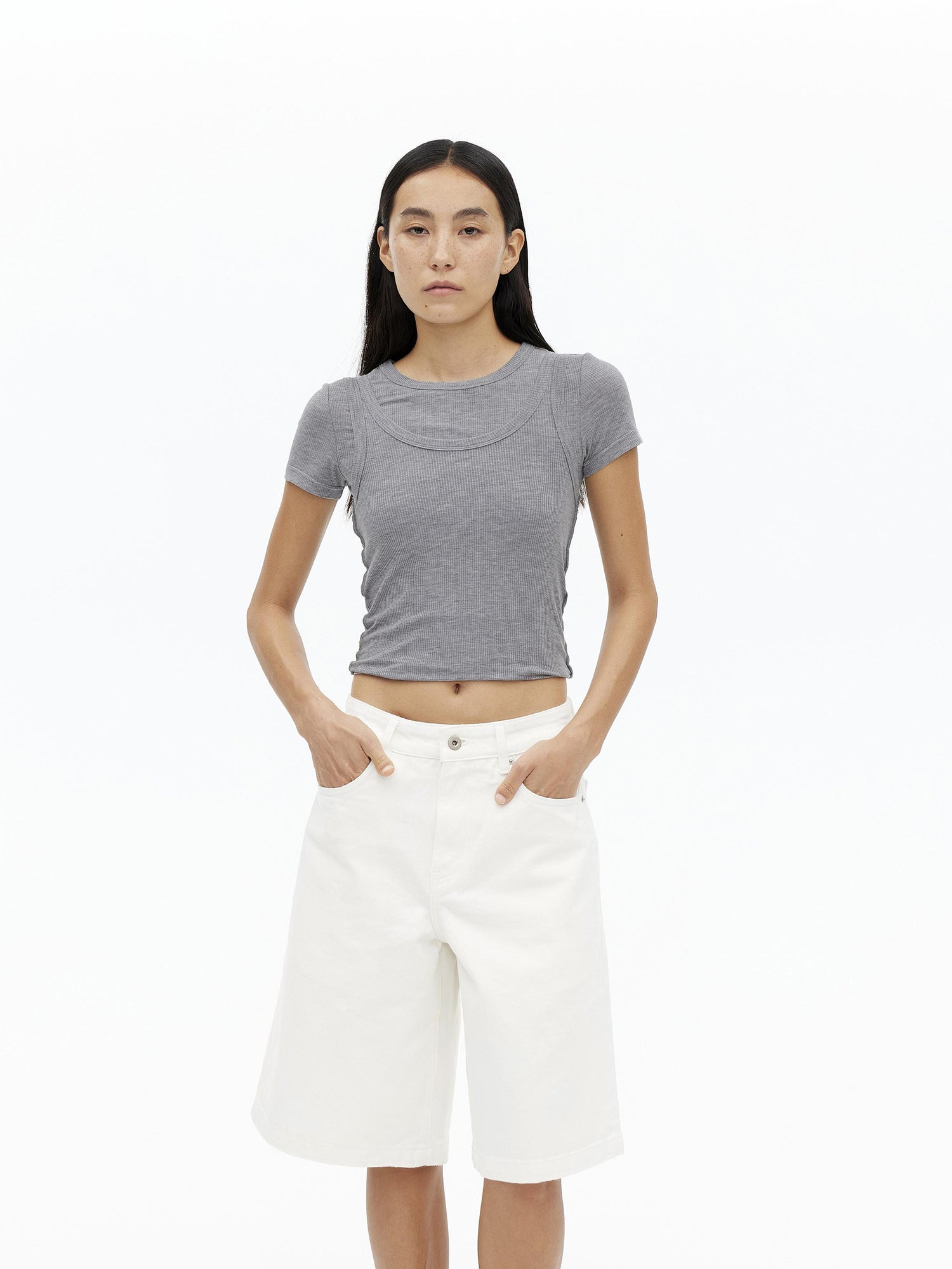 AFTADAWN Tencel Wool Blend Asymmetrical Layered Short Sleeve Top