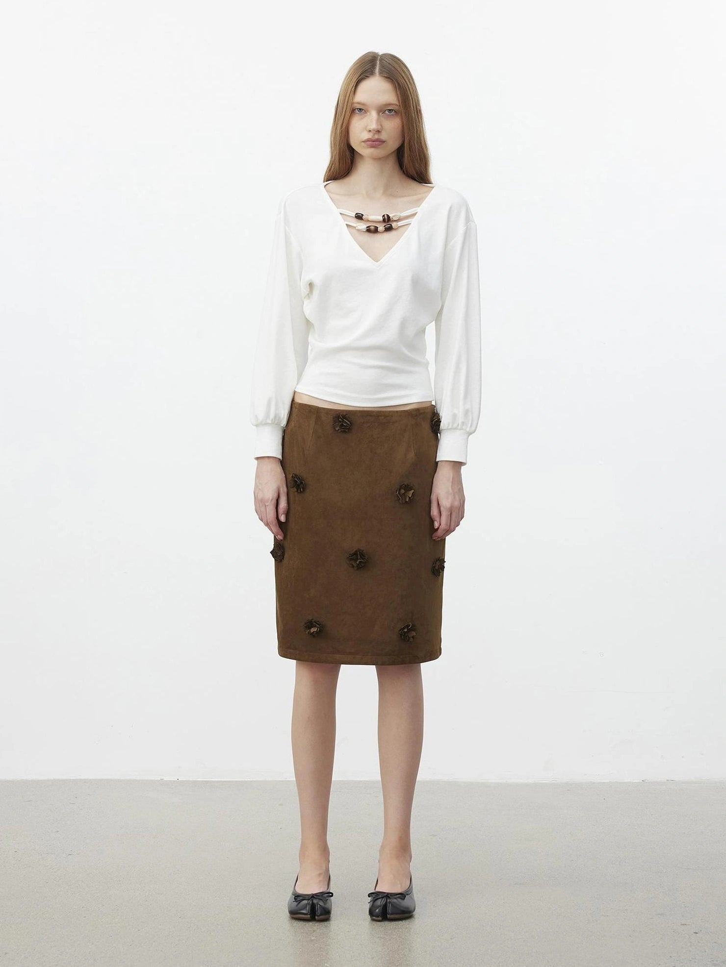 AFTADAWN Textured Brown Floral Embossed Midi Skirt Skirt