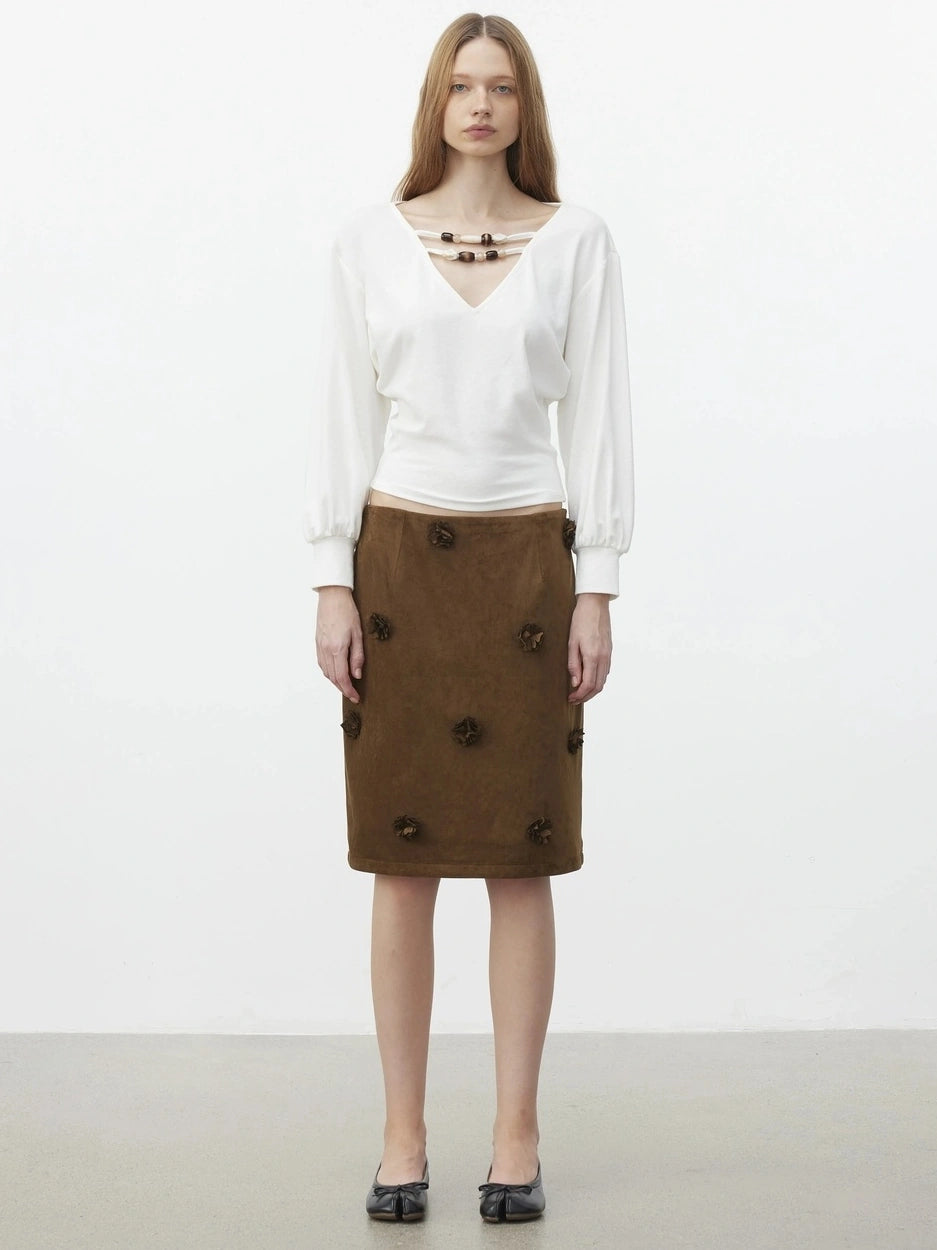 AFTADAWN Textured Brown Floral Embossed Midi Skirt Skirt