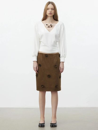 AFTADAWN Textured Brown Floral Embossed Midi Skirt Skirt