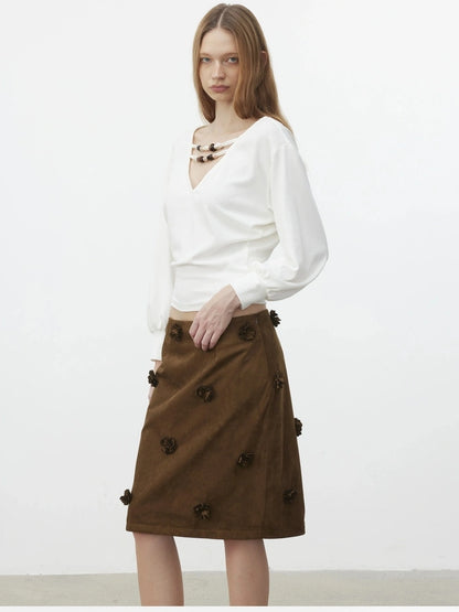 AFTADAWN Textured Brown Floral Embossed Midi Skirt Skirt