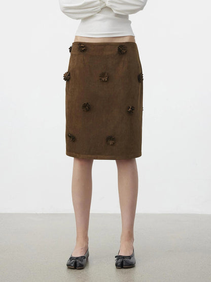 AFTADAWN Textured Brown Floral Embossed Midi Skirt Skirt