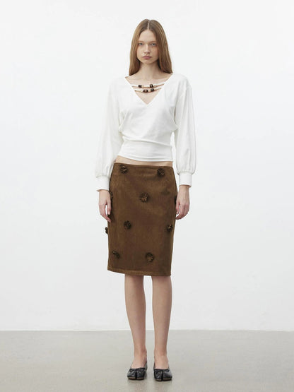 AFTADAWN Textured Brown Floral Embossed Midi Skirt Skirt