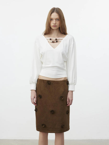 AFTADAWN Textured Brown Floral Embossed Midi Skirt Skirt