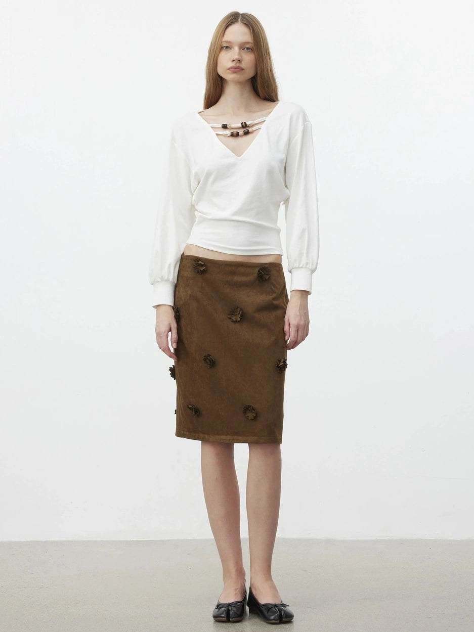 AFTADAWN Textured Brown Floral Embossed Midi Skirt Skirt