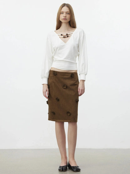 AFTADAWN Textured Brown Floral Embossed Midi Skirt Skirt