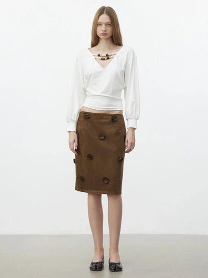 AFTADAWN Textured Brown Floral Embossed Midi Skirt Skirt