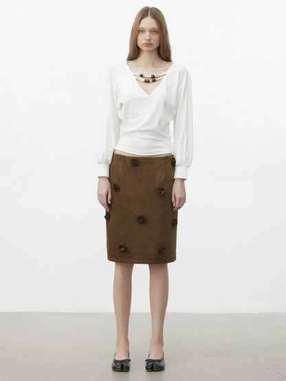 AFTADAWN Textured Brown Floral Embossed Midi Skirt Skirt