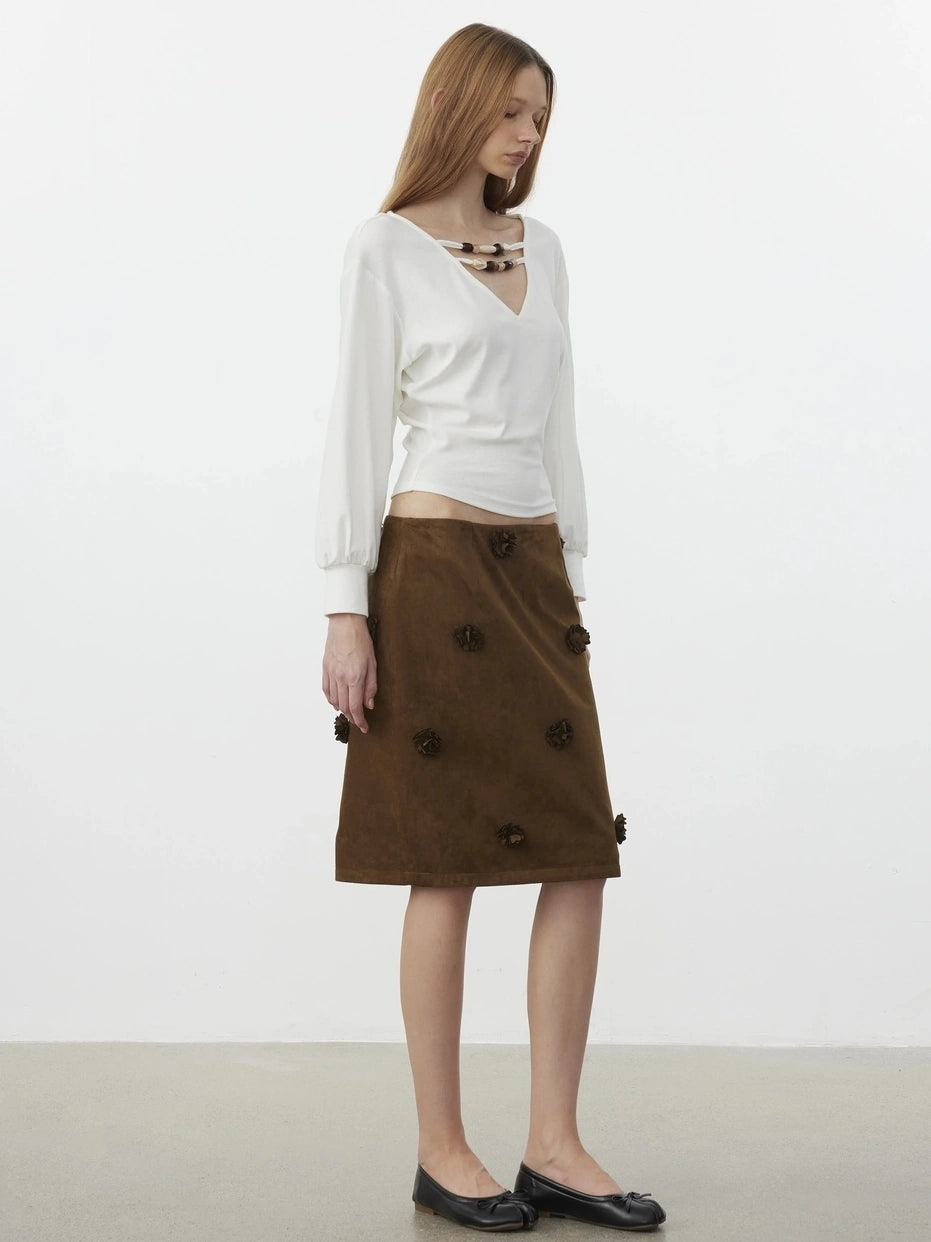 AFTADAWN Textured Brown Floral Embossed Midi Skirt Skirt