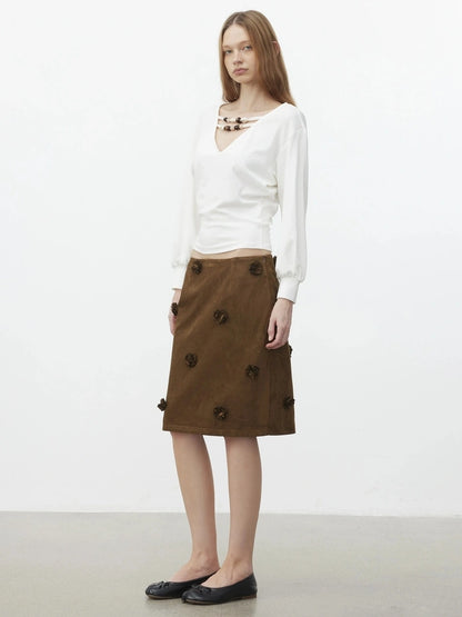 AFTADAWN Textured Brown Floral Embossed Midi Skirt Skirt