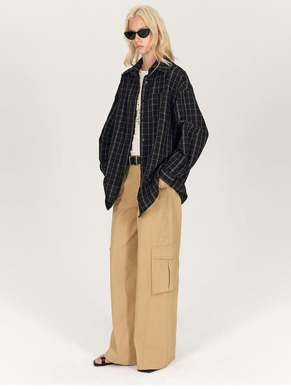AFTADAWN Textured Check Long Sleeve Shirt With Spread Collar And Relaxed Fit