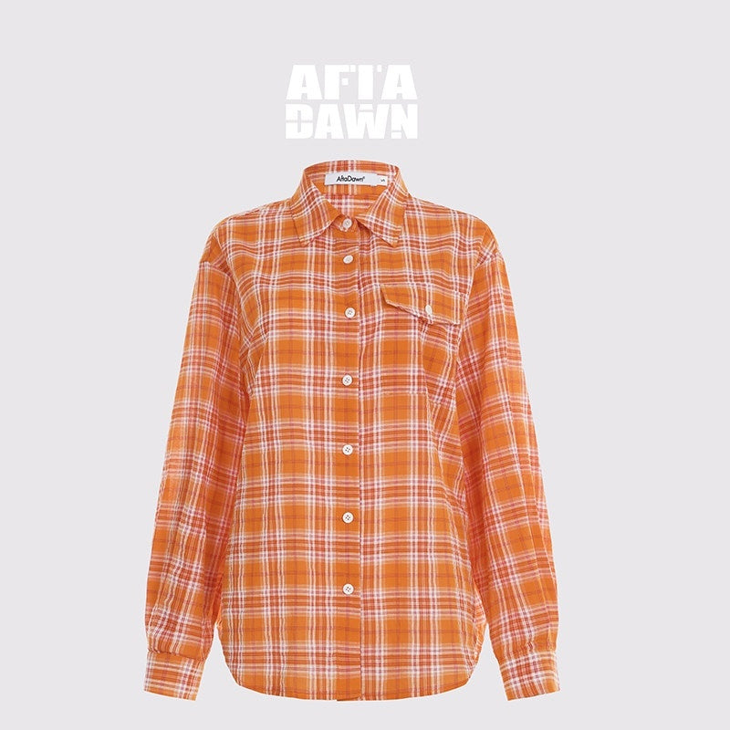 AFTADAWN_Textured_Colorblock_Check_Polo_Collar_Long_Sleeve_Button_Women&