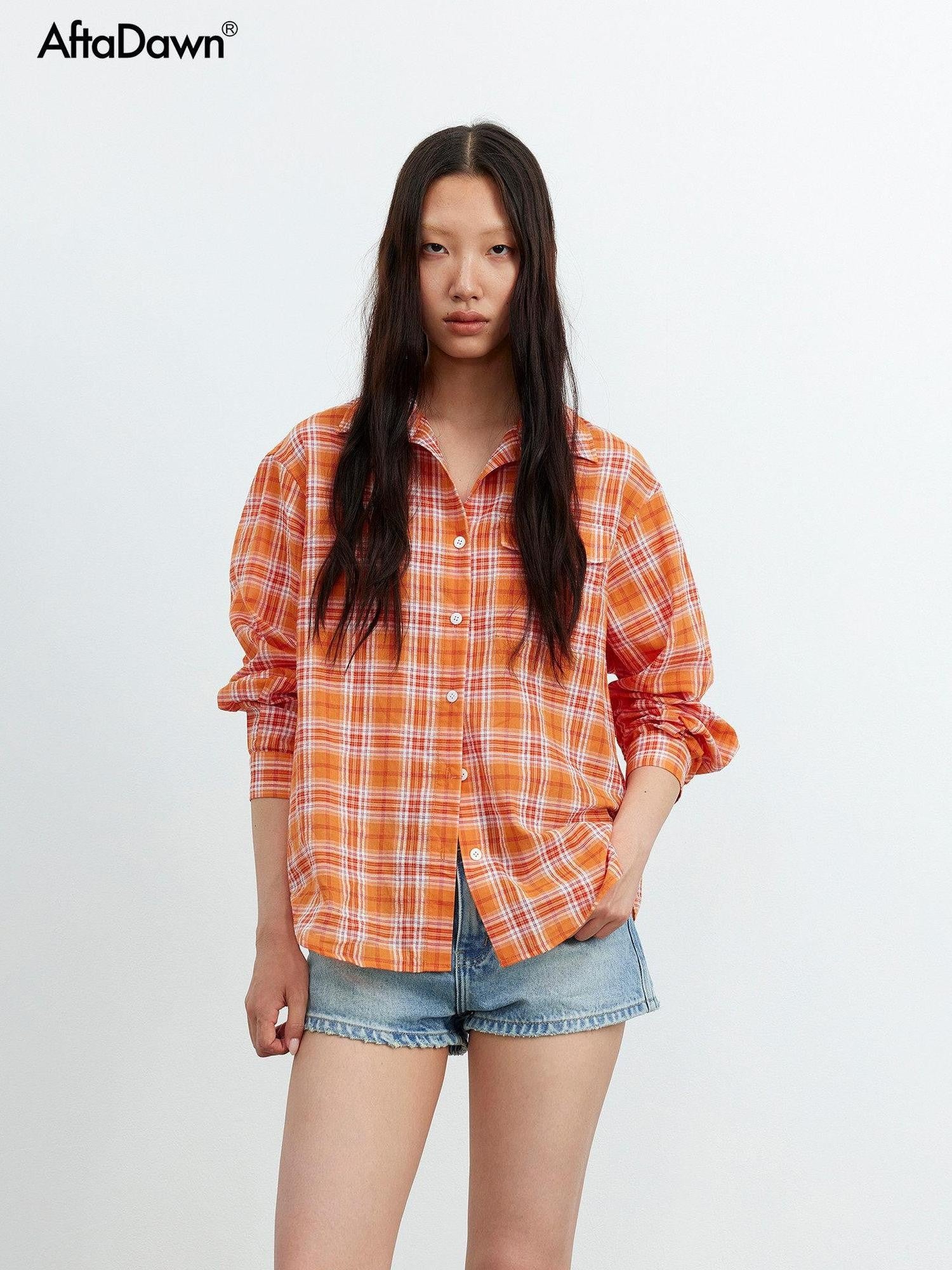 AFTADAWN Textured Colorblock Check Polo Collar Long Sleeve Button Women&