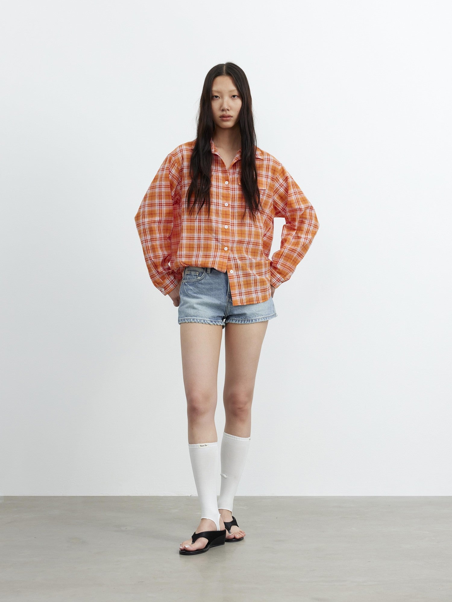 AFTADAWN Textured Colorblock Check Polo Collar Long Sleeve Button Women&
