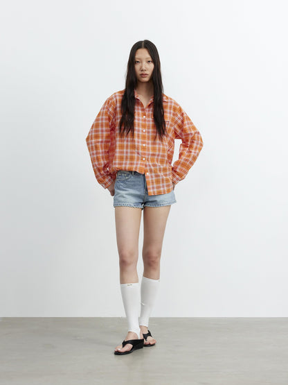 AFTADAWN Textured Colorblock Check Polo Collar Long Sleeve Button Women&