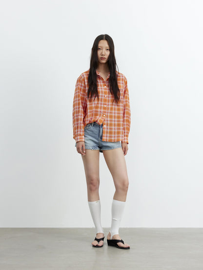 AFTADAWN Textured Colorblock Check Polo Collar Long Sleeve Button Women&