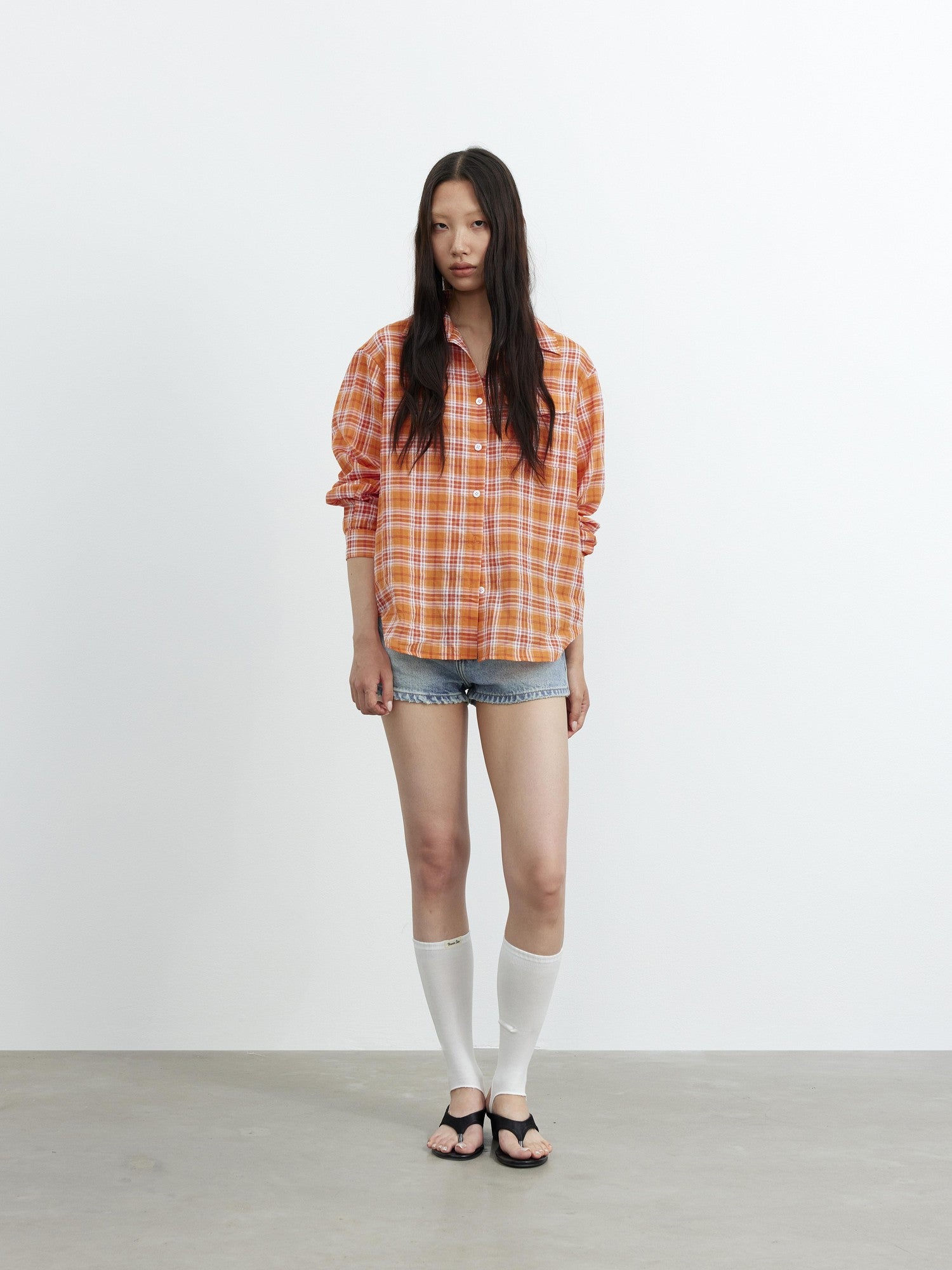 AFTADAWN Textured Colorblock Check Polo Collar Long Sleeve Button Women&