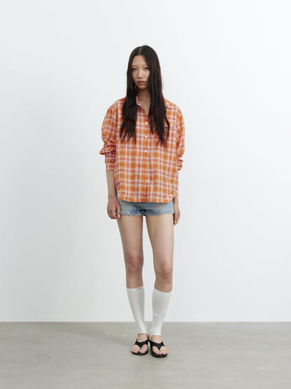 AFTADAWN Textured Colorblock Check Polo Collar Long Sleeve Button Women&