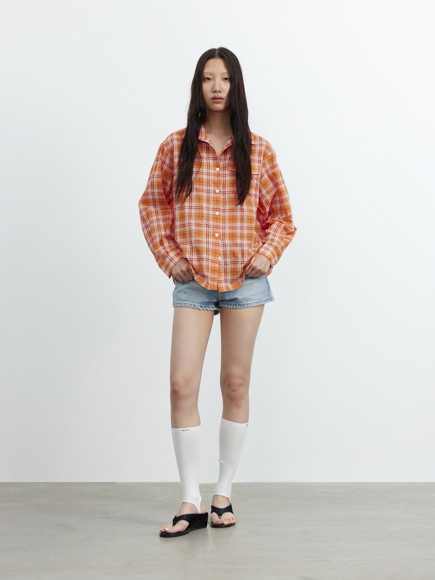 AFTADAWN Textured Colorblock Check Polo Collar Long Sleeve Button Women&