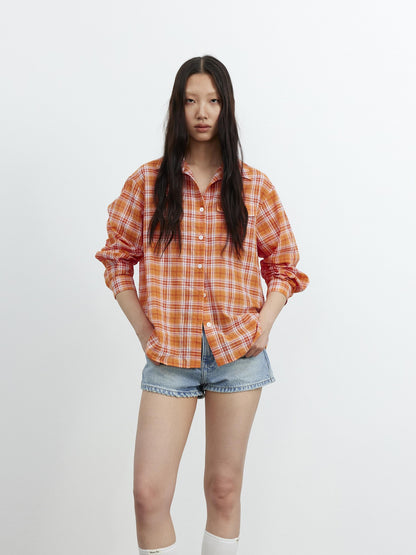 AFTADAWN Textured Colorblock Check Polo Collar Long Sleeve Button Women&