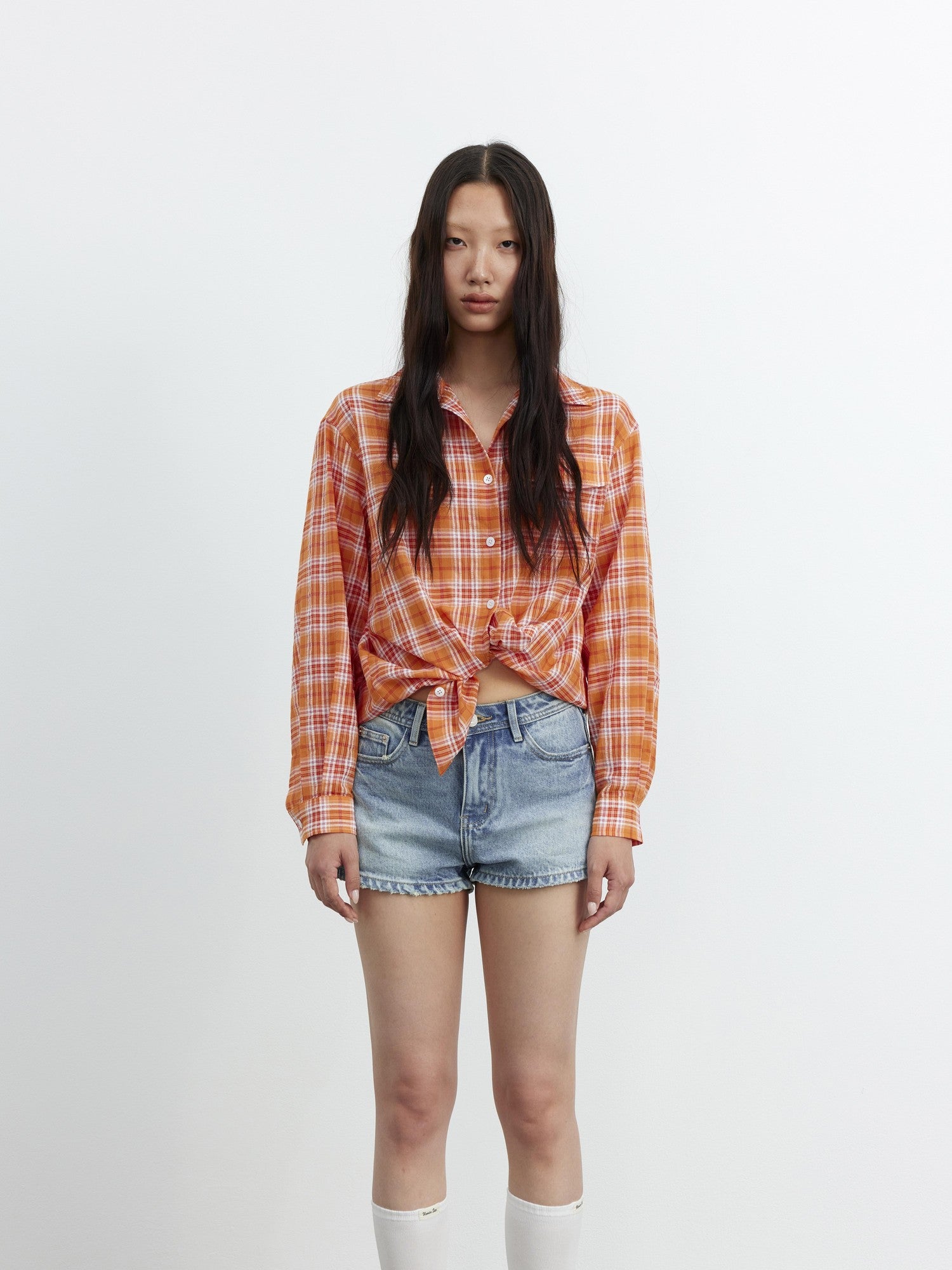 AFTADAWN Textured Colorblock Check Polo Collar Long Sleeve Button Women&