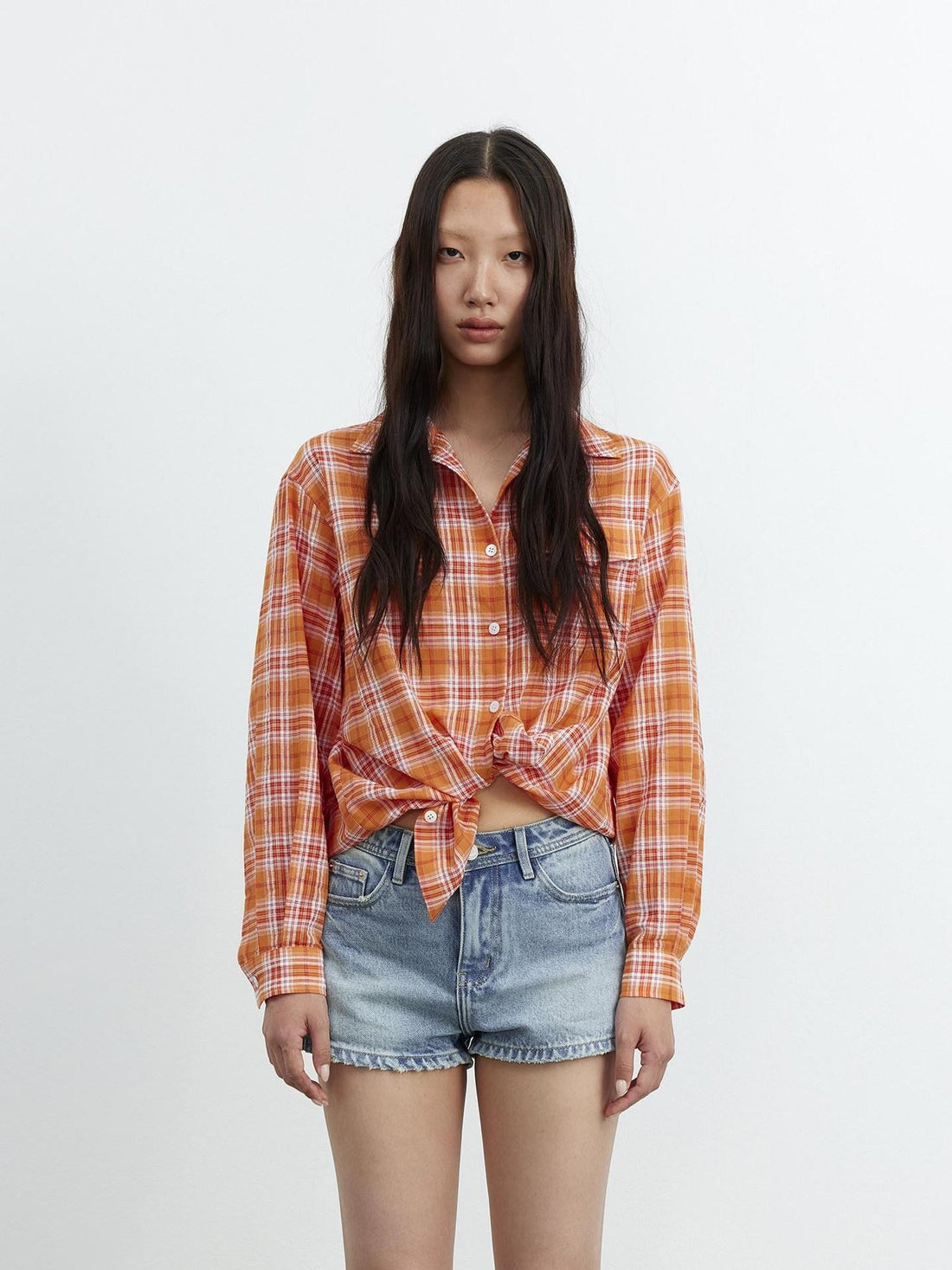 AFTADAWN Textured Colorblock Check Polo Collar Long Sleeve Button Women&