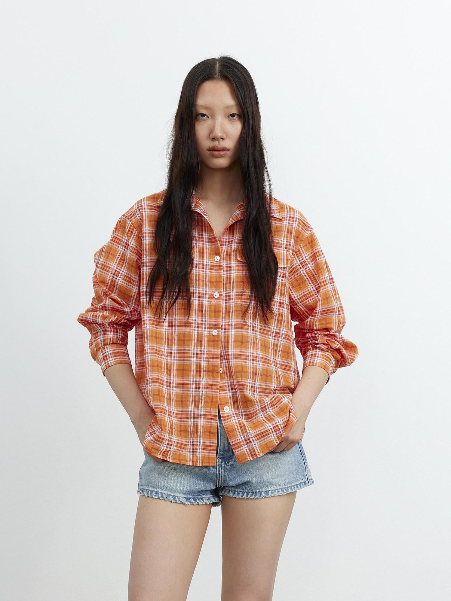 AFTADAWN Textured Colorblock Check Polo Collar Long Sleeve Button Women&
