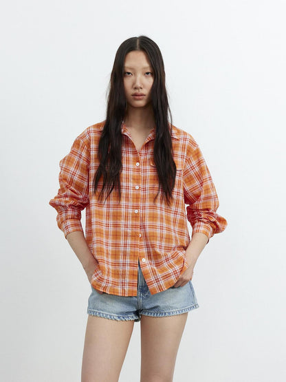 AFTADAWN Textured Colorblock Check Polo Collar Long Sleeve Button Women&