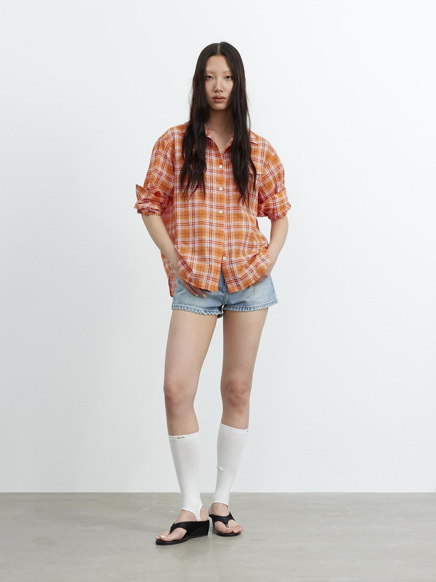AFTADAWN Textured Colorblock Check Polo Collar Long Sleeve Button Women&