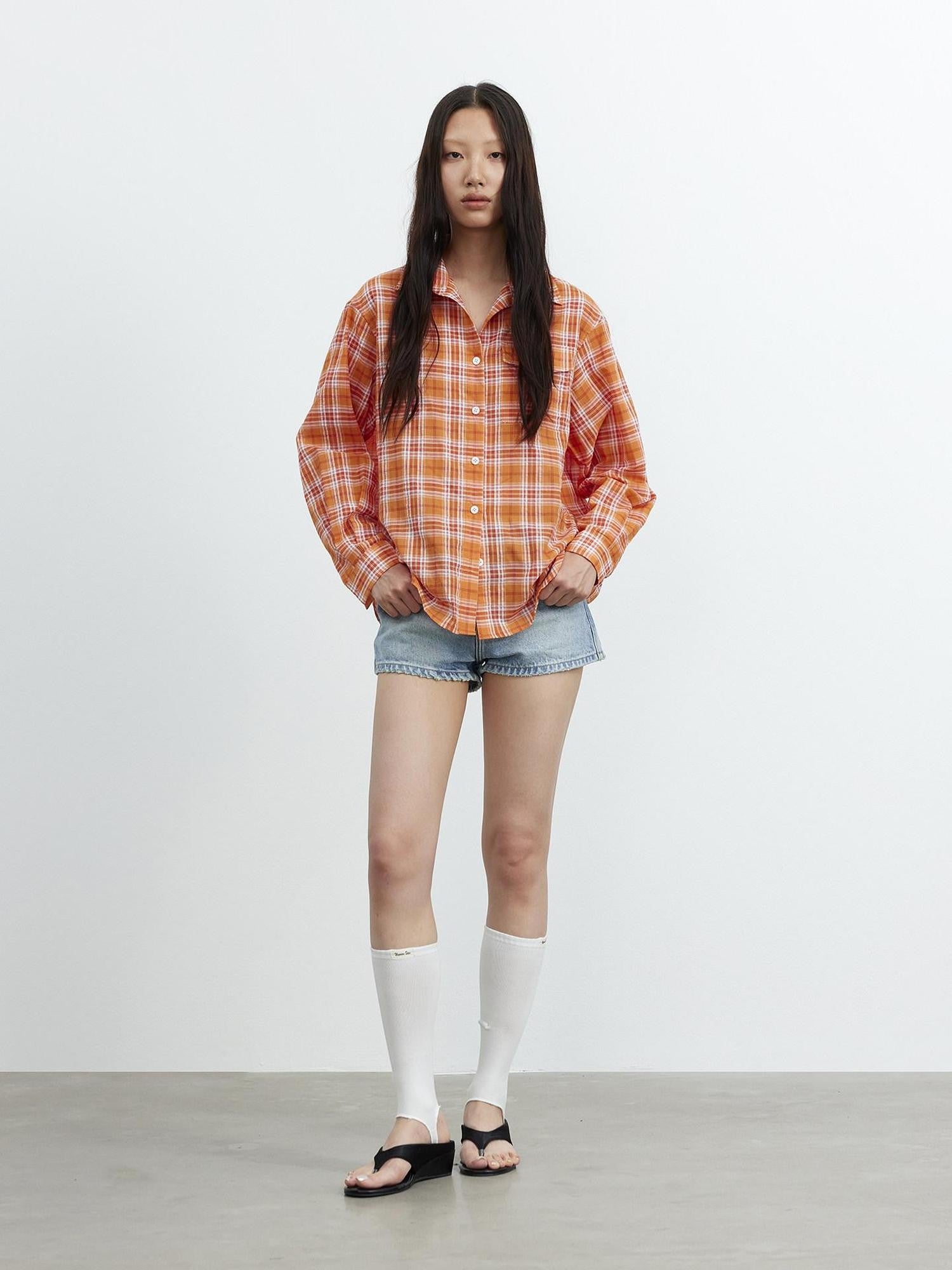 AFTADAWN Textured Colorblock Check Polo Collar Long Sleeve Button Women&