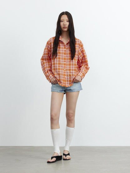AFTADAWN Textured Colorblock Check Polo Collar Long Sleeve Button Women&