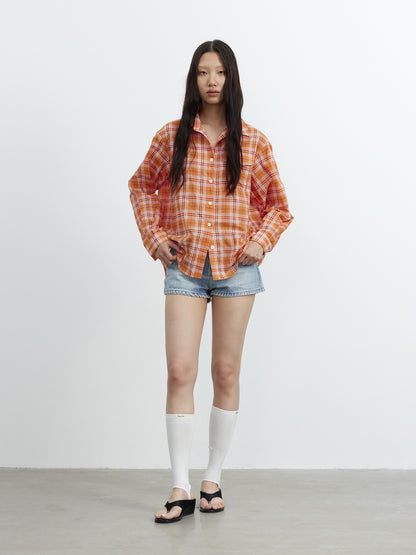 AFTADAWN Textured Colorblock Check Polo Collar Long Sleeve Button Women&