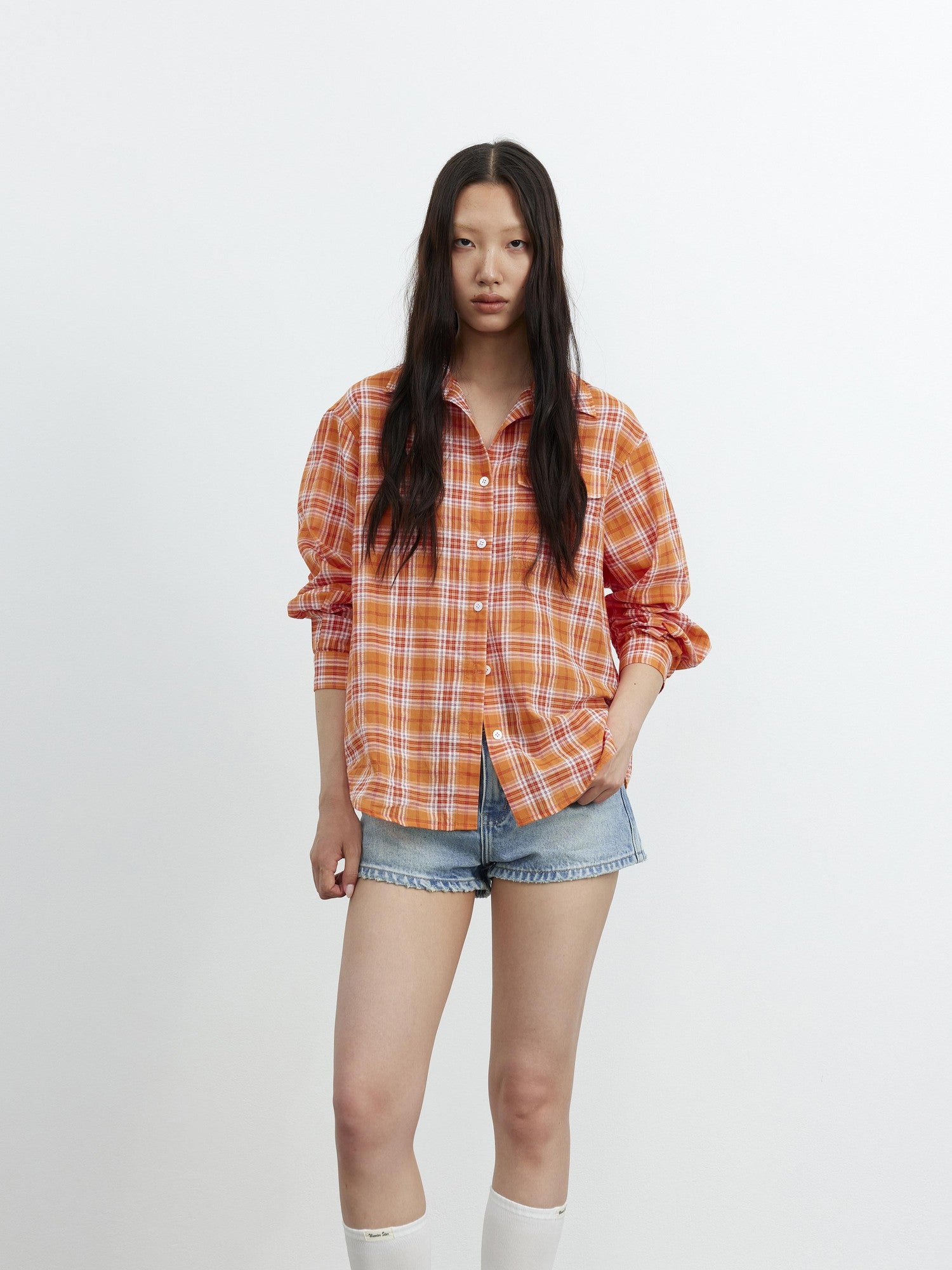 AFTADAWN Textured Colorblock Check Polo Collar Long Sleeve Button Women&
