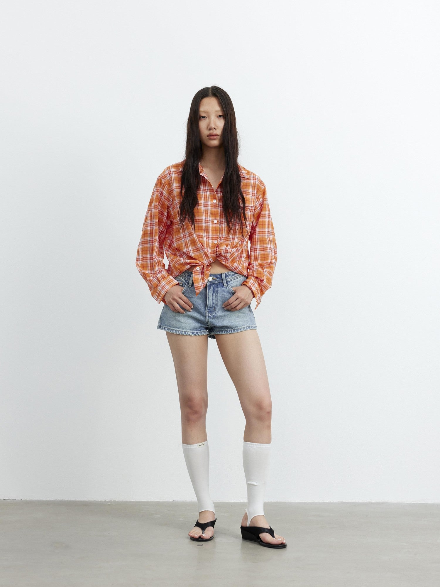 AFTADAWN Textured Colorblock Check Polo Collar Long Sleeve Button Women&