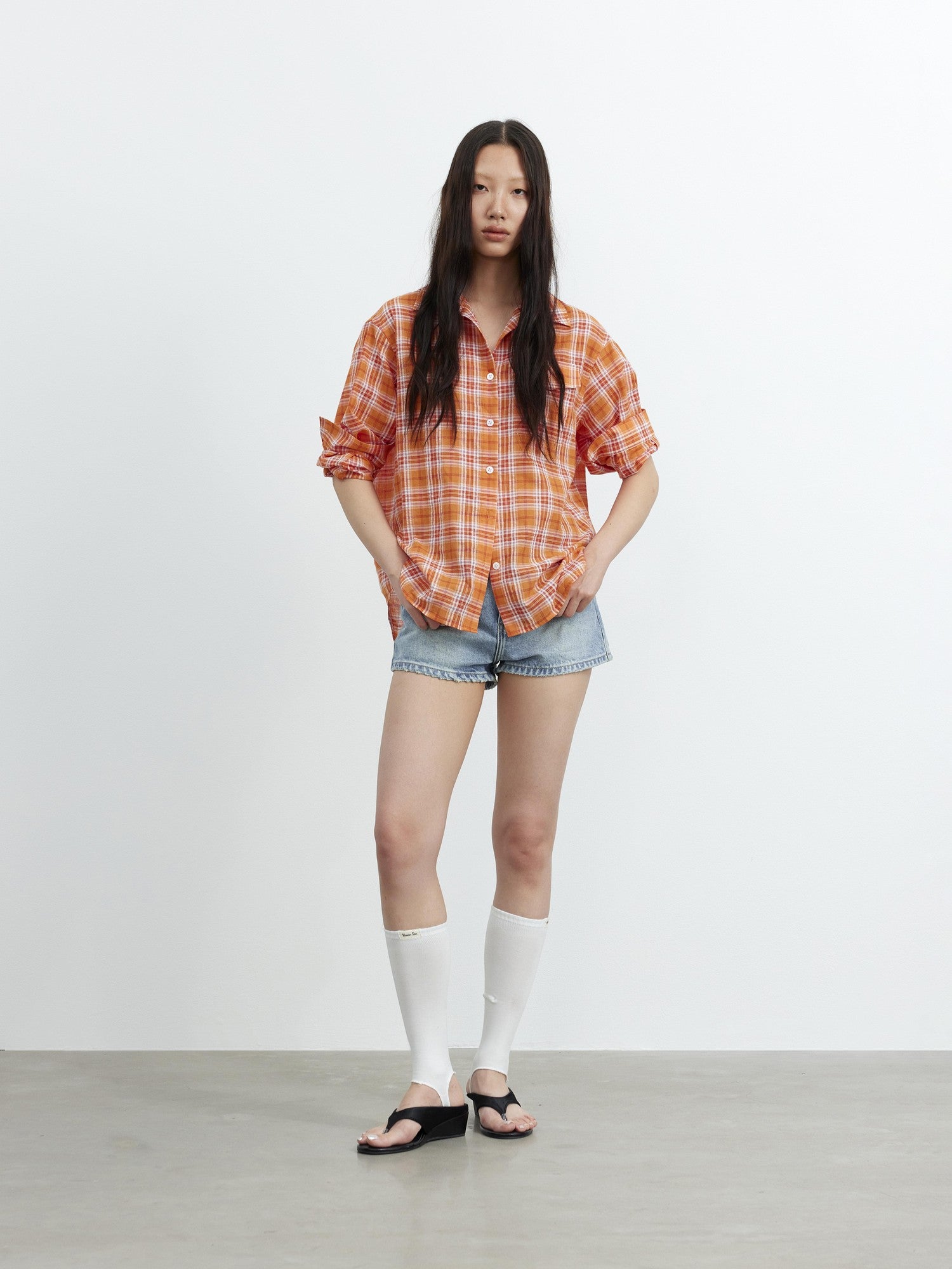 AFTADAWN Textured Colorblock Check Polo Collar Long Sleeve Button Women&